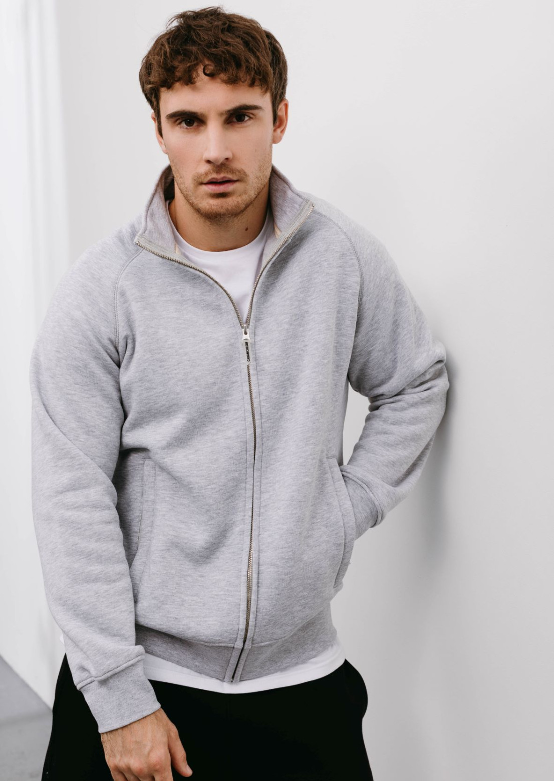 Grey melange color men's three-thread insulated sweatshirt with a zipper